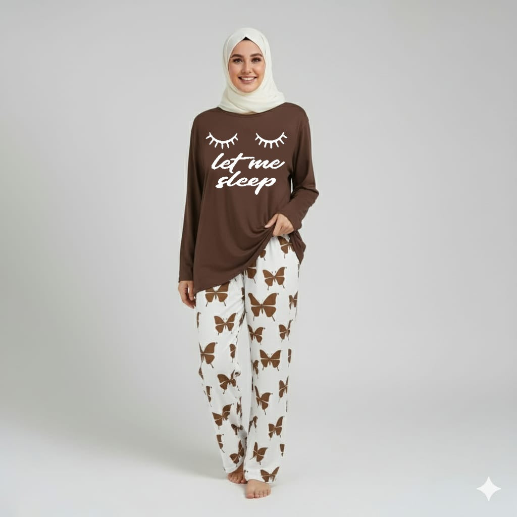 Let me Sleep Printed Brown Shirt With butterfly Printed Palazzo Night Suit