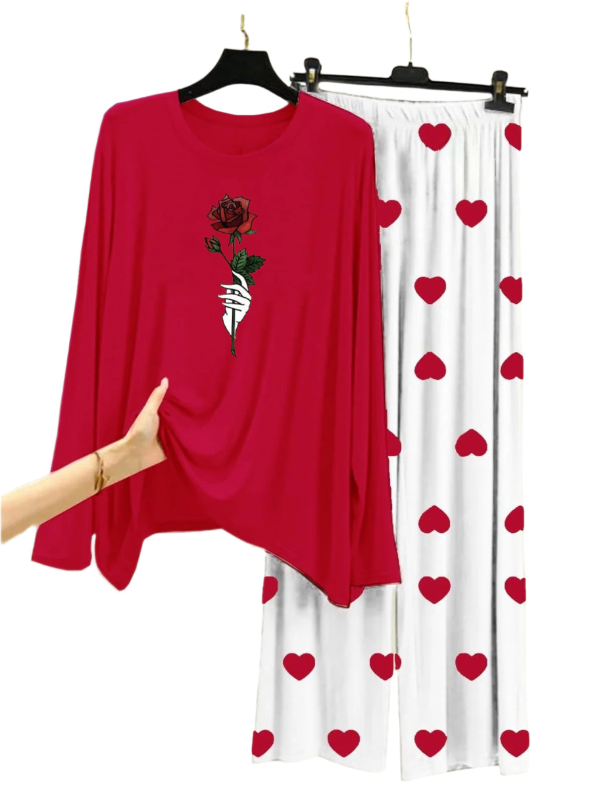 Rose Flower Printed Red Shirt With Heart Printed Palazzo Night Suit