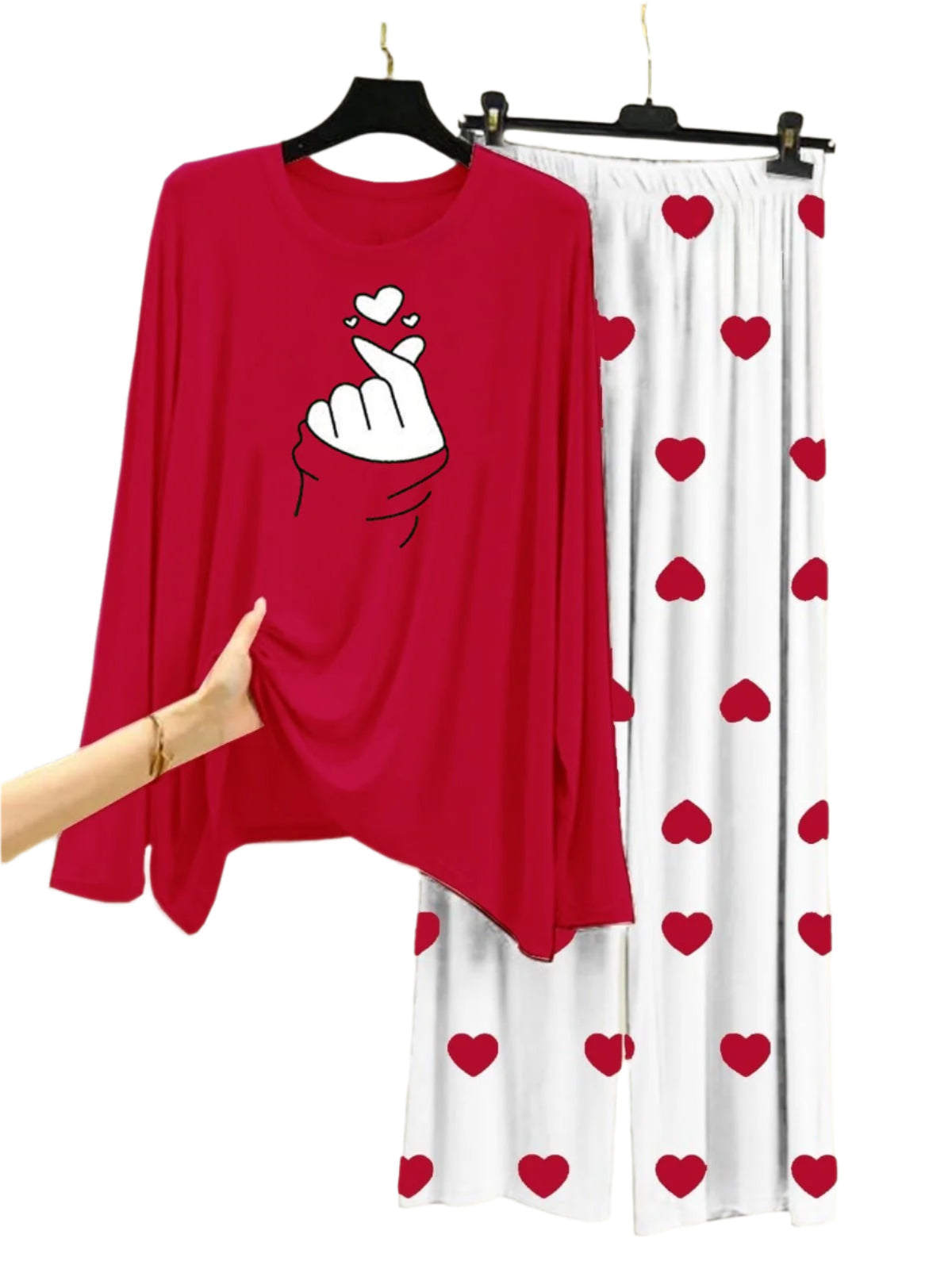 Finger Love Printed Red Shirt With Heart Printed Palazzo Night Suit