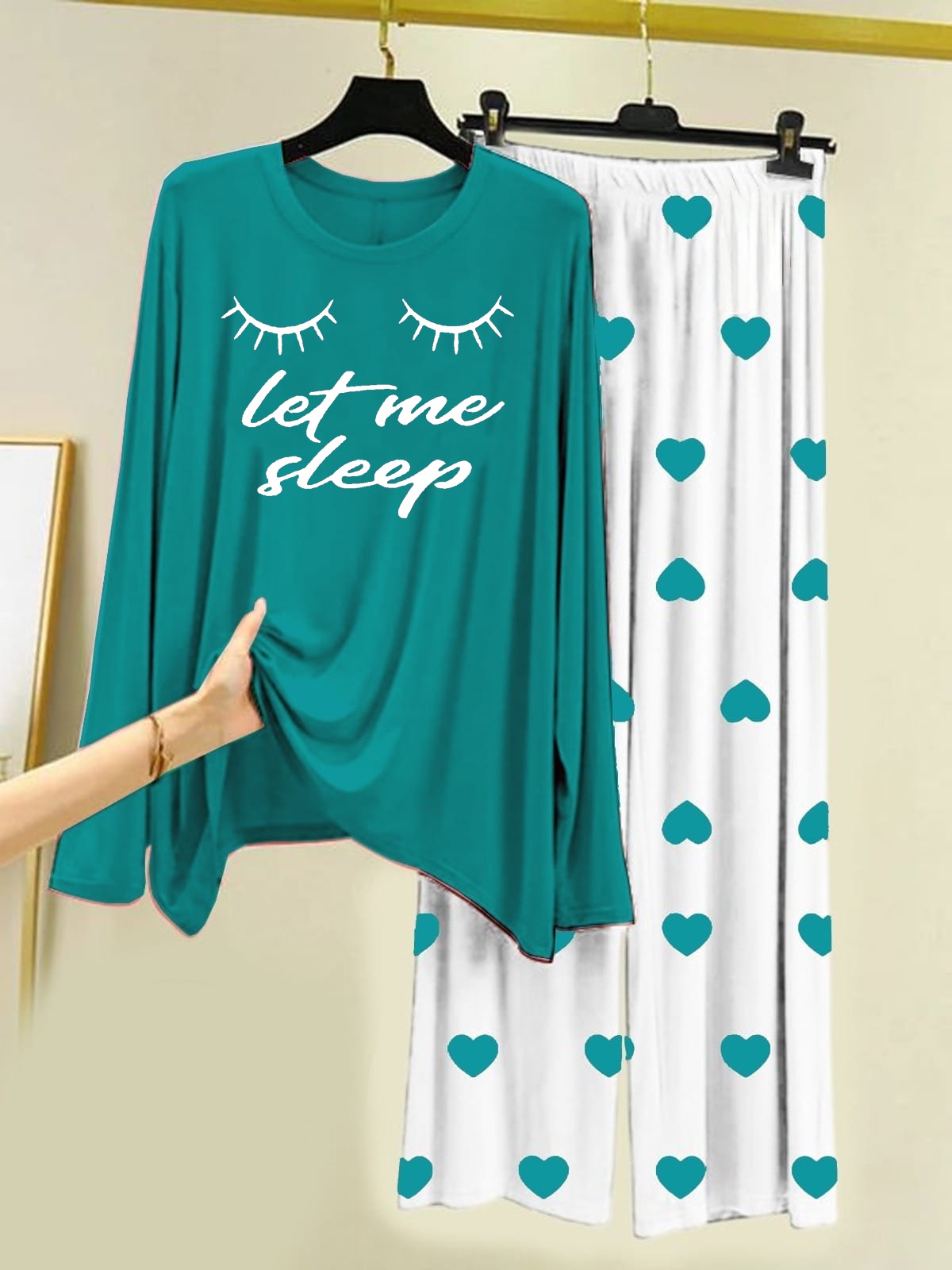 Let Me Sleep Printed Sea Green Shirt With Heart Printed Palazzo Night Suit