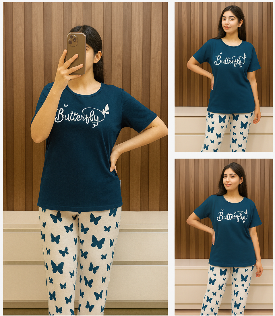 Sailor Blue Butterfly Printed T-Shirt with Butterfly printed Palazzo Night Suit