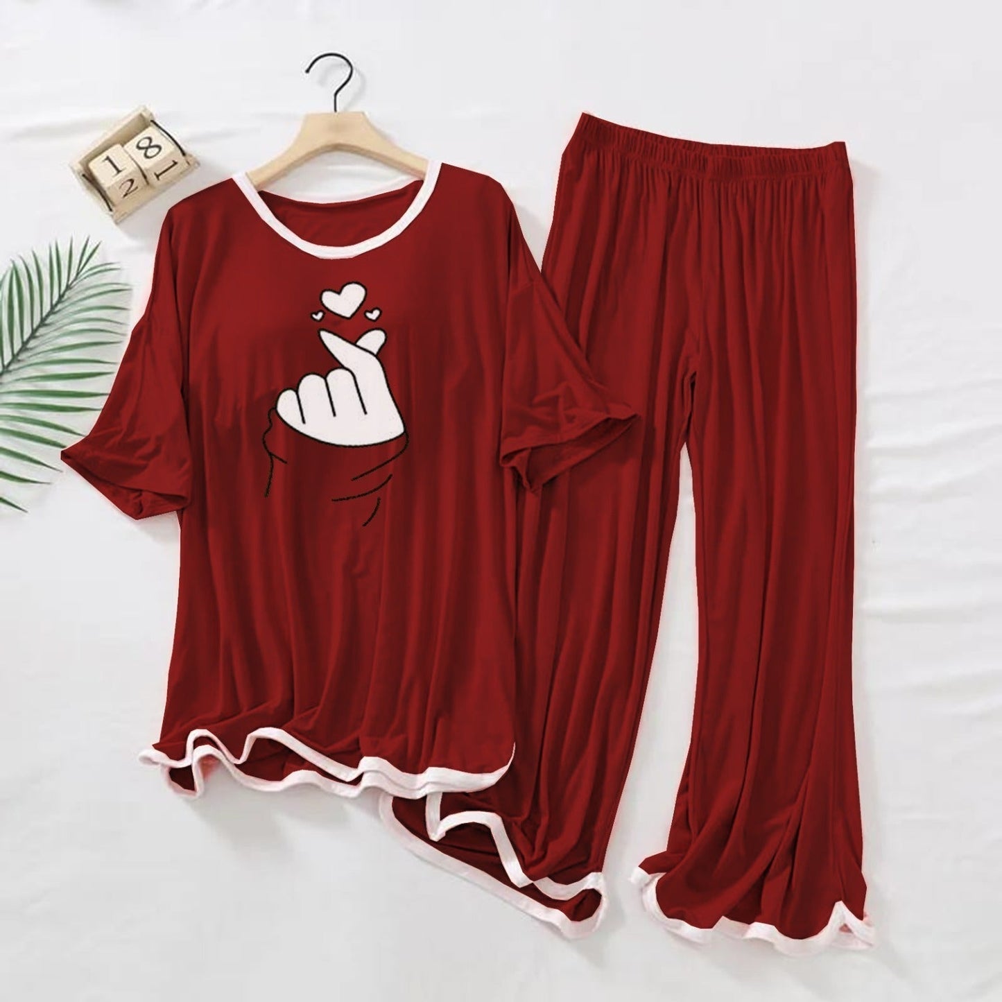 Maroon White Border Finger Love Print 2PC Palazzo Night Suit