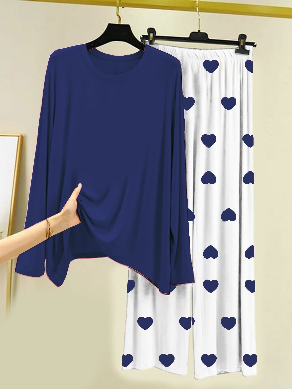 Navy Blue Let me sleep Printed Shirt With Heart Printed Palazzo Night Suit