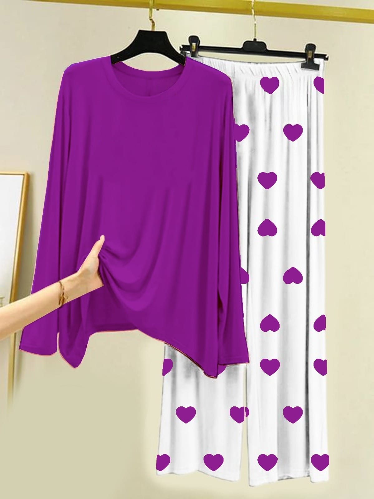 Plain Purple Shirt With Heart Printed Palazzo Night Suit