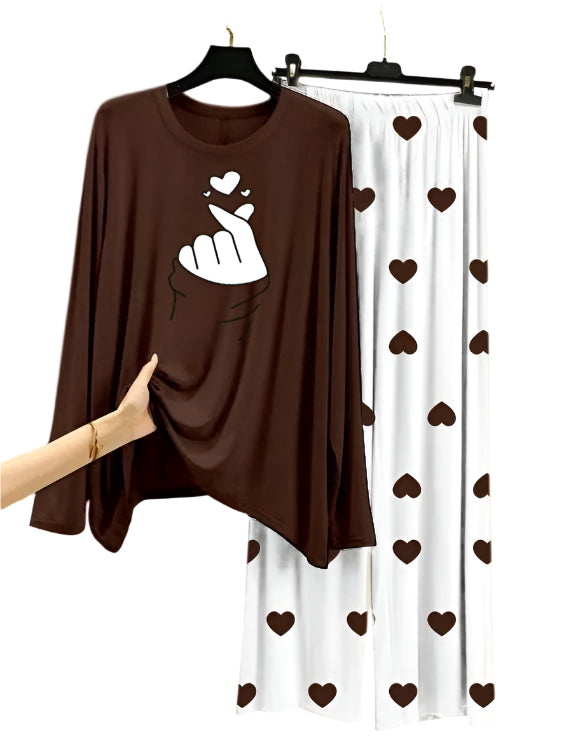 Finger Love Printed Brown Shirt With Heart Printed Palazzo Night Suit