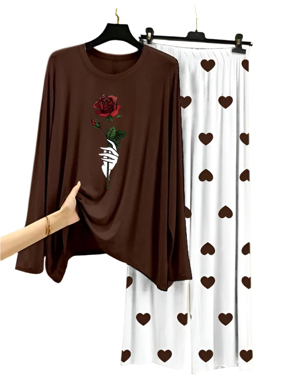 Roses Flower Printed Brown Shirt With Heart Printed Palazzo Night Suit