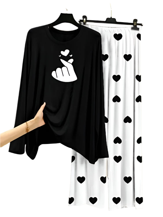 Finger Love Printed Black Shirt With Heart Printed Palazzo Night Suit