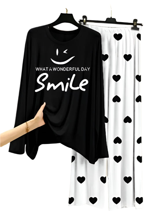 Wonderful Day Printed Black Shirt With Heart Printed Palazzo Night Suit