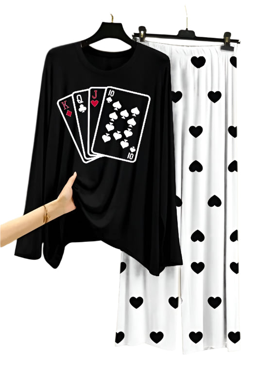 Playing Card Printed Black Shirt With Heart Printed Palazzo Night Suit