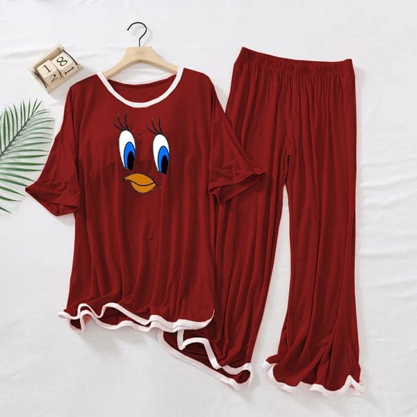 Maroon White Border Daffy Printed Shirt & Palazzo