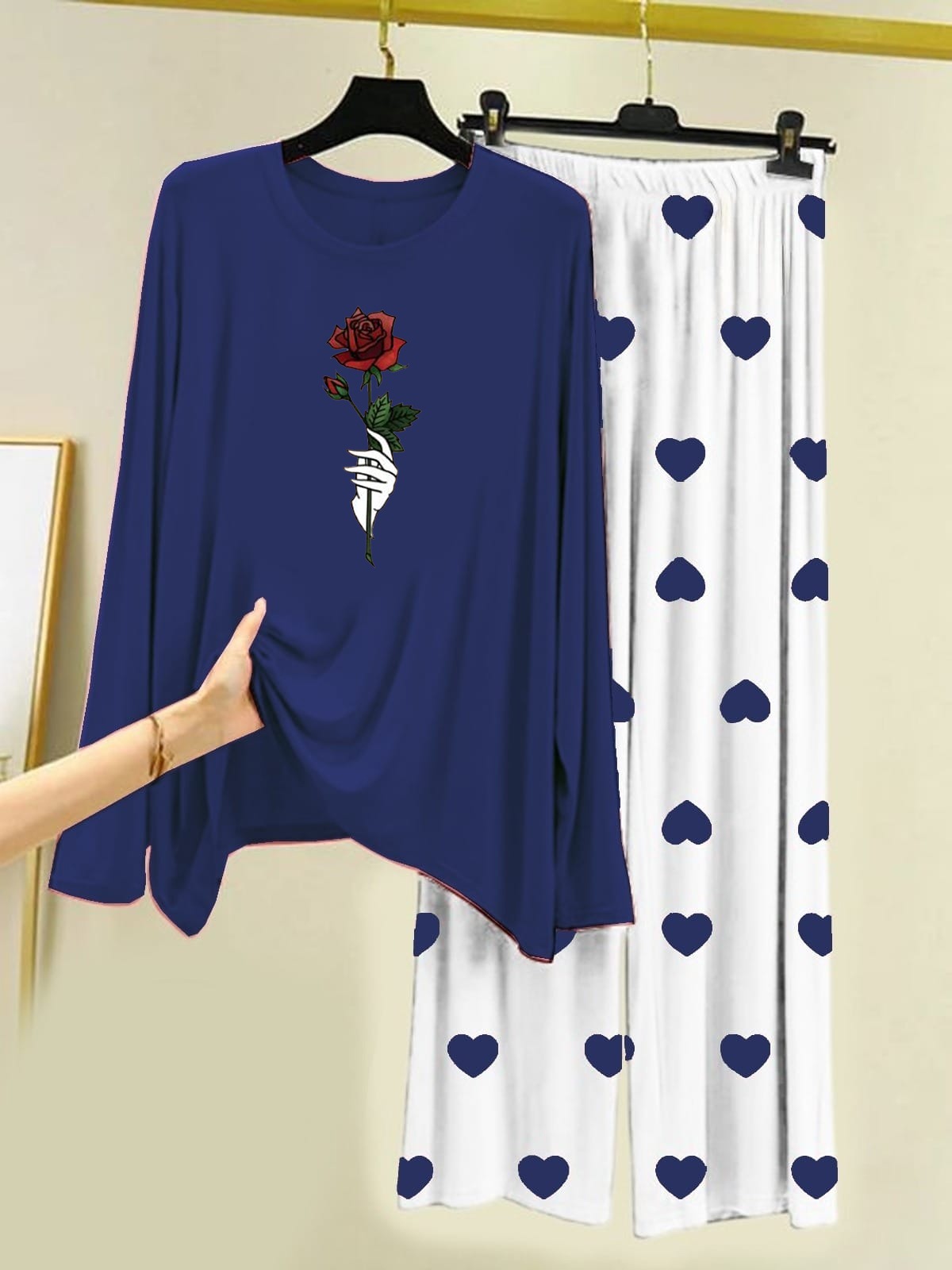 Navy Blue Rose Flower Printed Shirt With Heart Printed Palazzo Night Suit