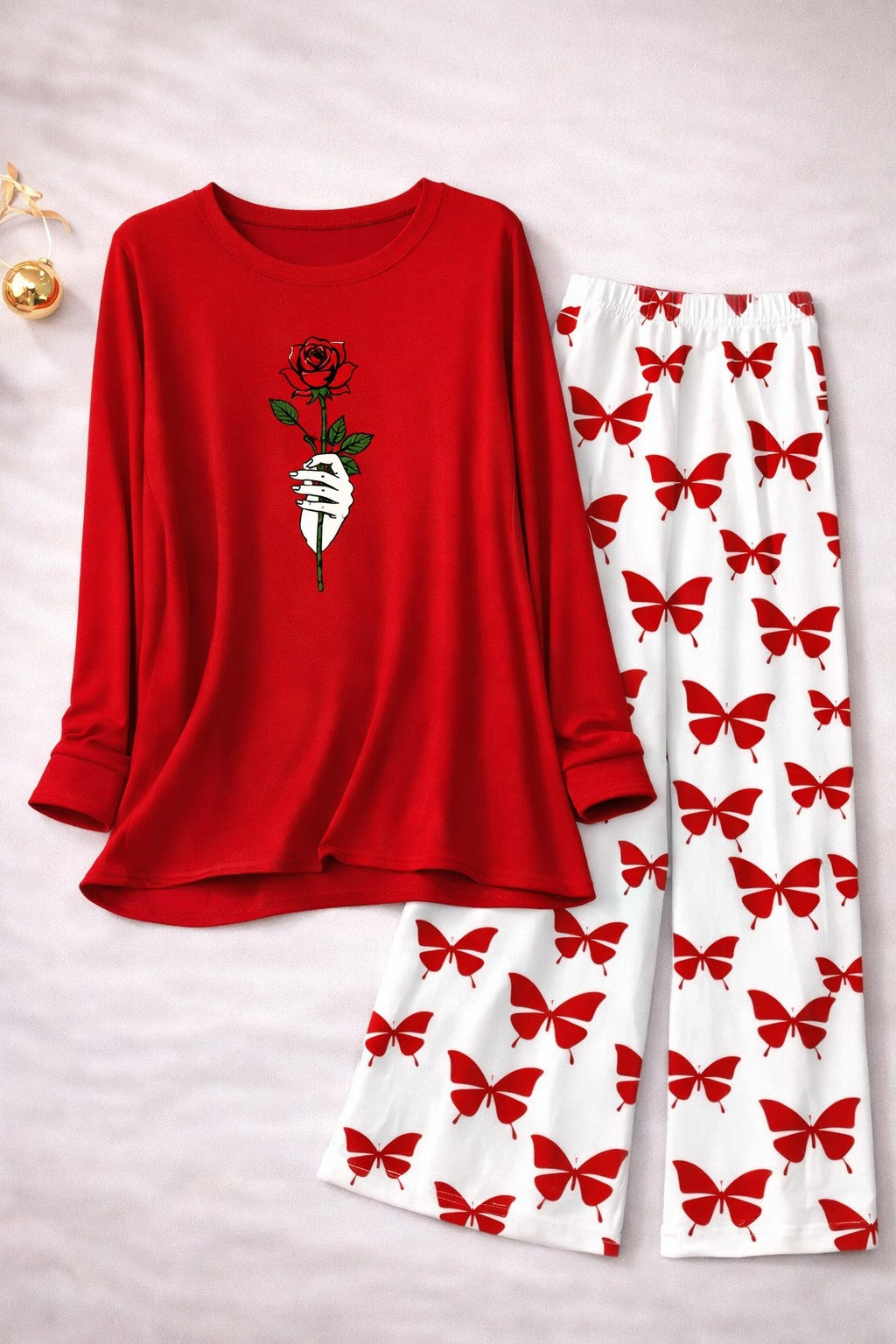 Rose Flower Printed Red Shirt with Butterfly Printed Palazzo Night Suit