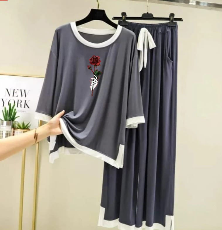 Rose Flower Printed Full Sleeves Grey white Border Shirt & Palazzo