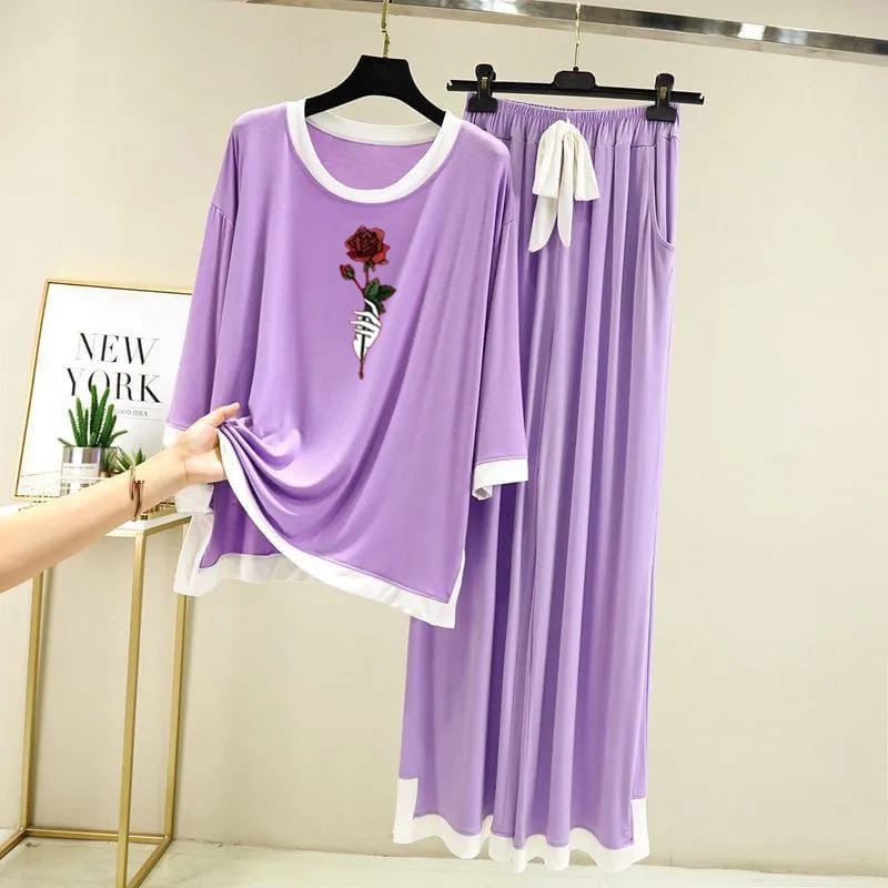 Rose Flower Printed Full Sleeves Purple white Border Shirt & Palazzo
