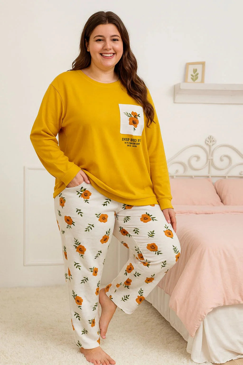 Winter Yellow Flower Co-Ord Set Night Suit