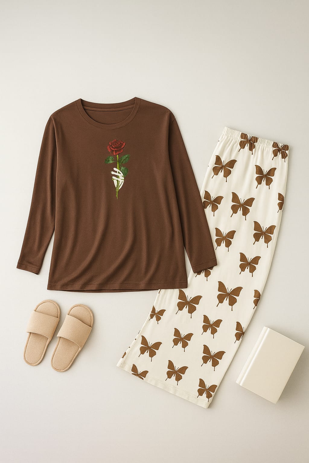 Rose Flower Printed Brown Shirt With butterfly Printed Palazzo Night Suit