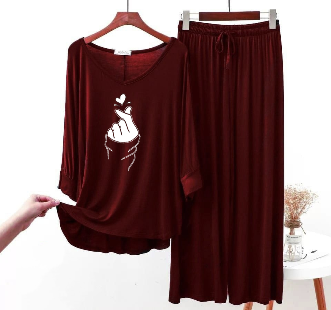 Maroon K-Pop Heart Palazzo Night Suit