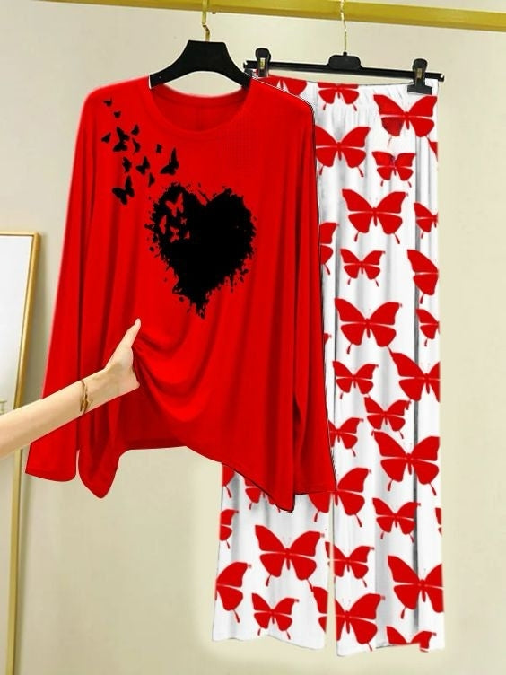Butterfly Bloom Printed Red Shirt with Butterfly Printed Palazzo Night Suit