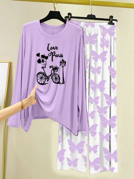 Love in Paris Printed Light Purple Shirt with Butterfly Printed Palazzo Night Suit