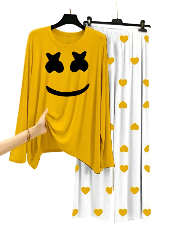Marshmallow Printed Yellow Shirt With Heart Printed Palazzo Night Suit