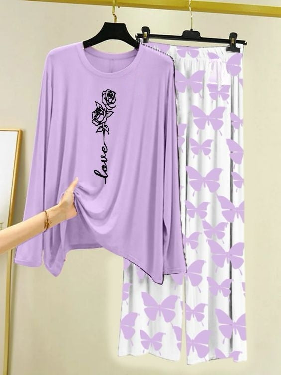 Rose Love Printed Light Purple Shirt with Butterfly Printed Palazzo Night Suit