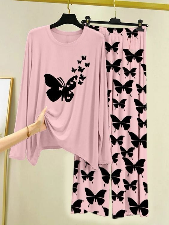 Flight of Butterflies Printed Pink Shirt with Butterfly Printed Palazzo Night Suit