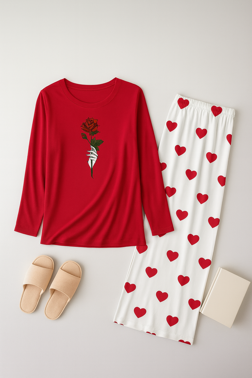 Rose Flower Printed Red Shirt With Heart Printed Palazzo Night Suit