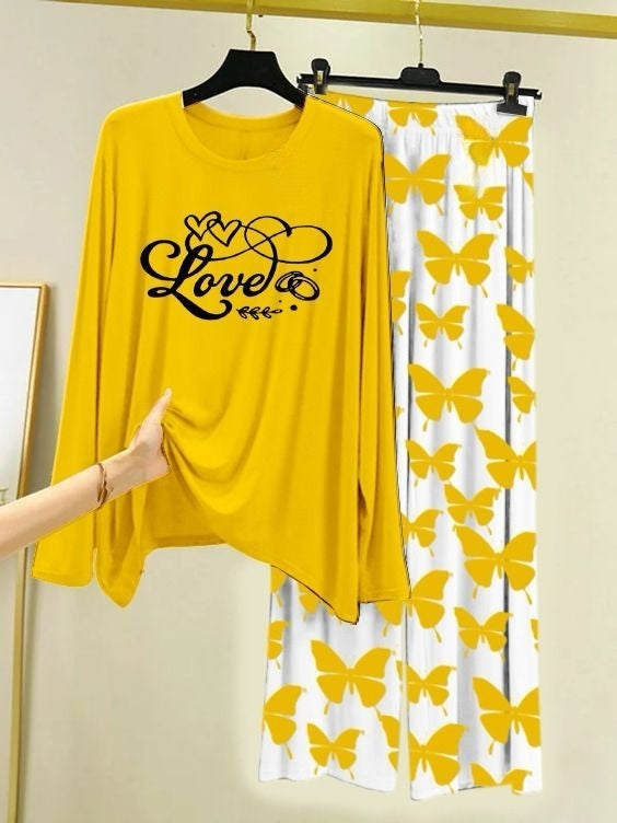 Love Script Printed Yellow Shirt with Butterfly Printed Palazzo Night Suit