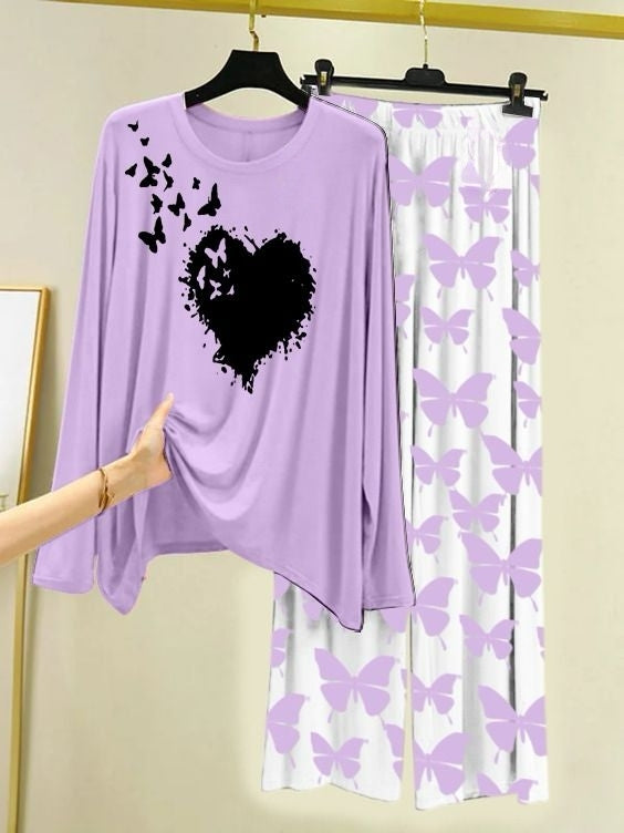 Butterfly Bloom Printed Light Purple Shirt with Butterfly Printed Palazzo Night Suit
