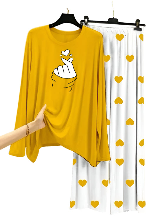 Finger Love Printed Yellow Shirt With Heart Printed Palazzo Night Suit