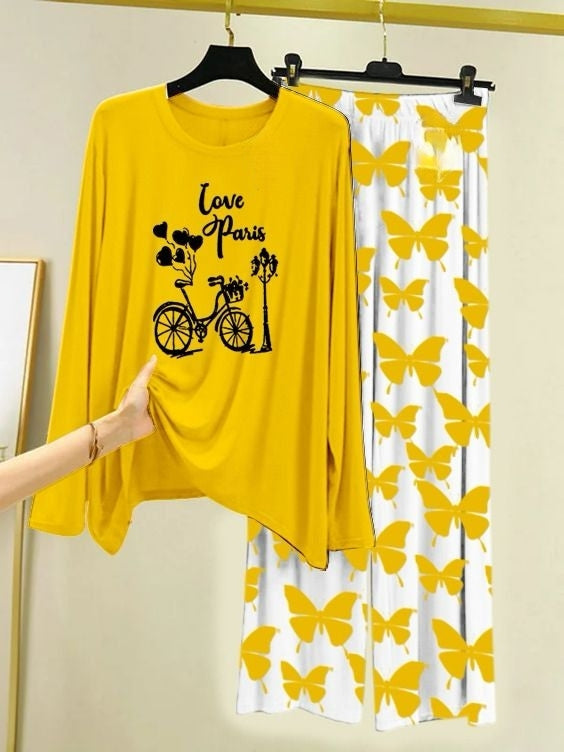 Love in Paris Printed Yellow Shirt with Butterfly Printed Palazzo Night Suit