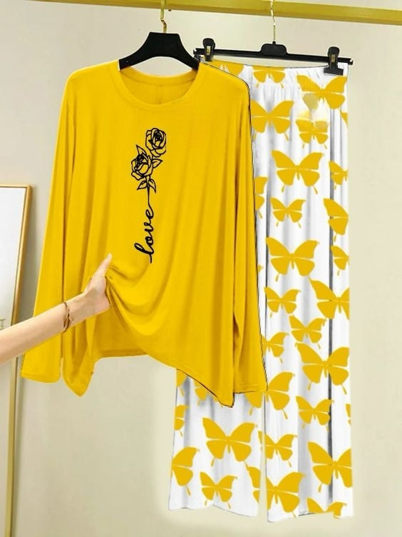 Rose Love Printed Yellow Shirt with Butterfly Printed Palazzo Night Suit