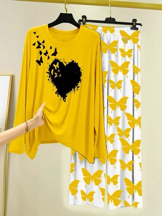 Butterfly Bloom Printed Yellow Shirt with Butterfly Printed Palazzo Night Suit