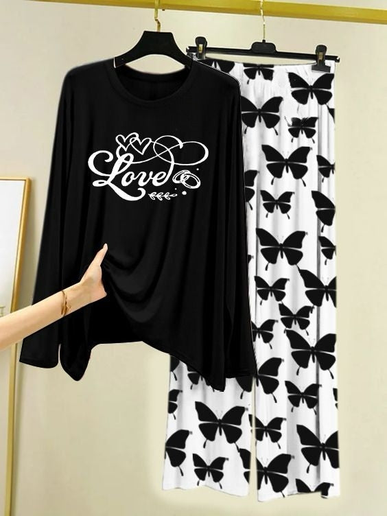Love Script Printed Black Shirt with Butterfly Printed Palazzo Night Suit