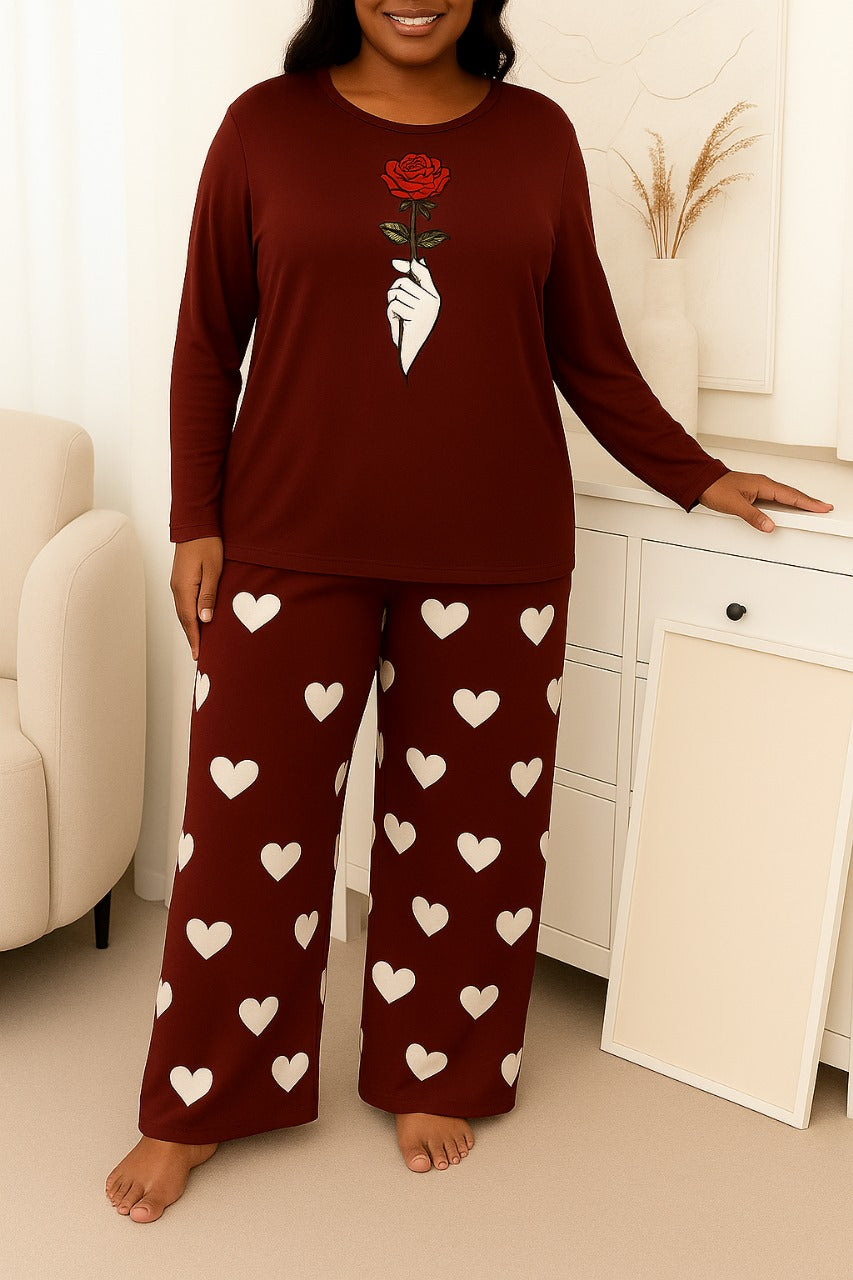 Rose Flower Printed Full Maroon Shirt with White Heart Printed Trouser