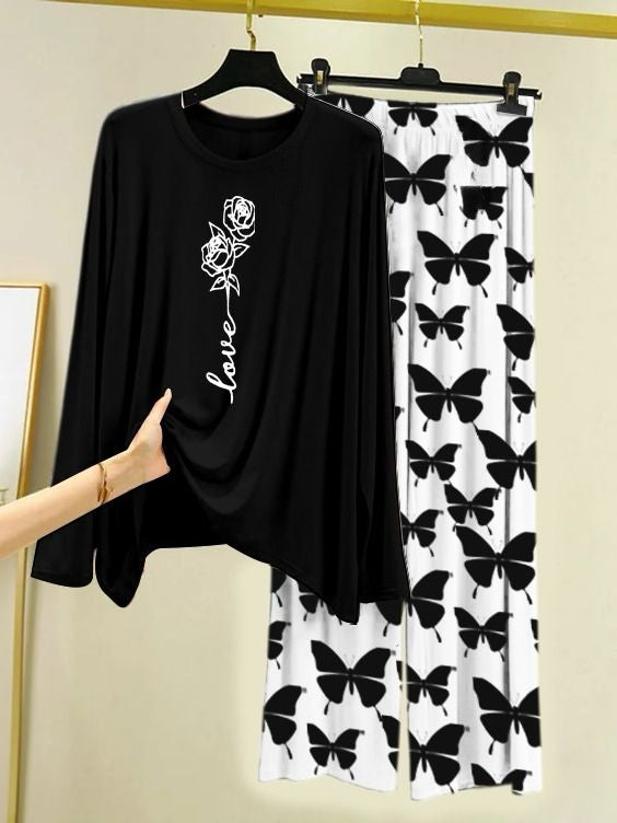 Rose Love Printed Black Shirt with Butterfly Printed Palazzo Night Suit
