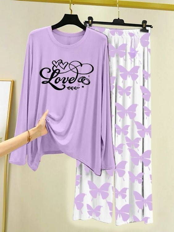 Love Script Printed Light Purple Shirt with Butterfly Printed Palazzo Night Suit