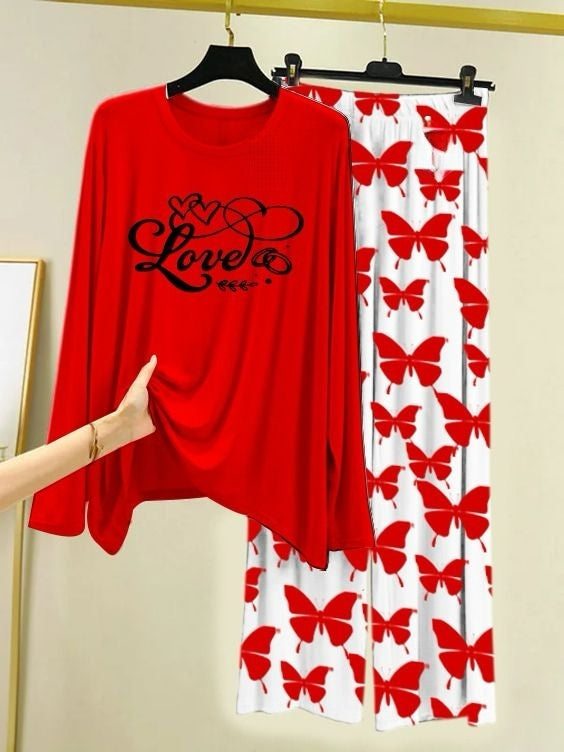 Love Script Printed Red Shirt with Butterfly Printed Palazzo Night Suit