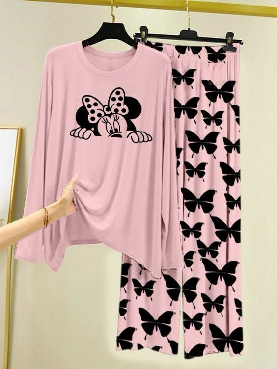 Peekaboo Minnie Printed Pink Shirt with Butterfly Printed Palazzo Night Suit
