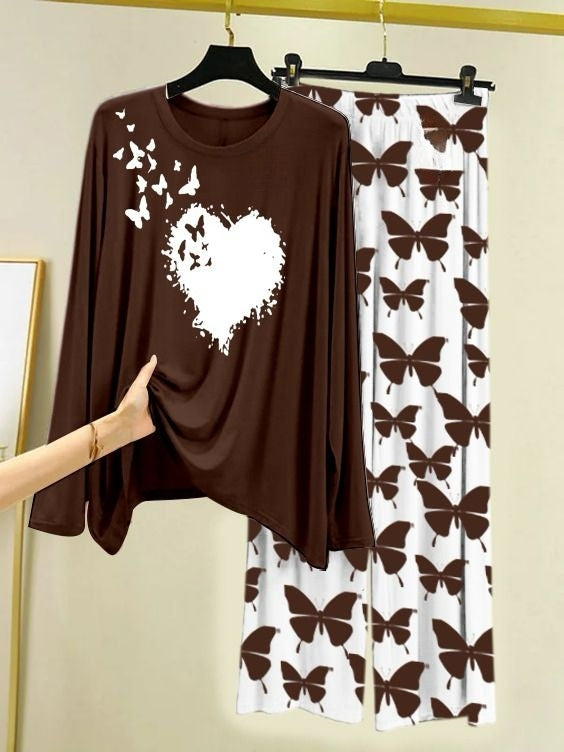 Butterfly Bloom Printed Brown Shirt with Butterfly Printed Palazzo Night Suit