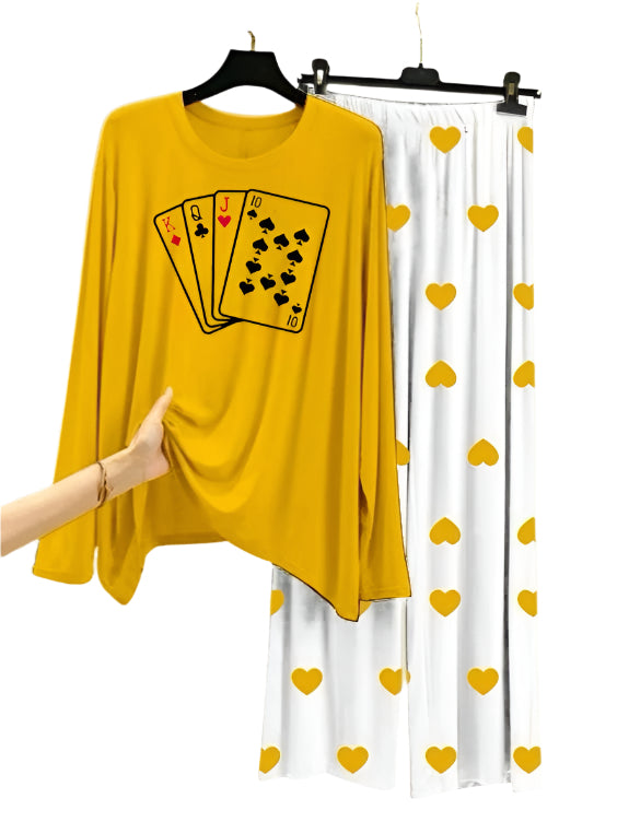 Playing Card Printed Yellow Shirt With Heart Printed Palazzo Night Suit
