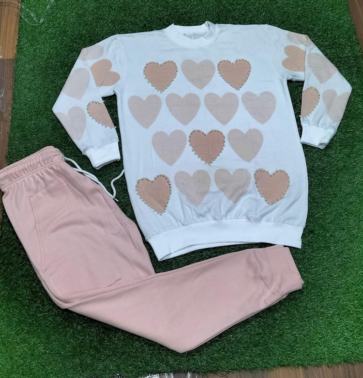 KK-10 - Heart Printed Pearl Work Style 2-Piece Winter Tracksuit for Women