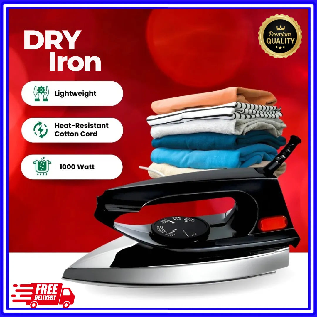 1000 Watts Power Premium Lightweight Dry Iron - Istri Iron | Portable, Electric, Deluxe Metal Cover Big Thermostatic Pilot Lamp