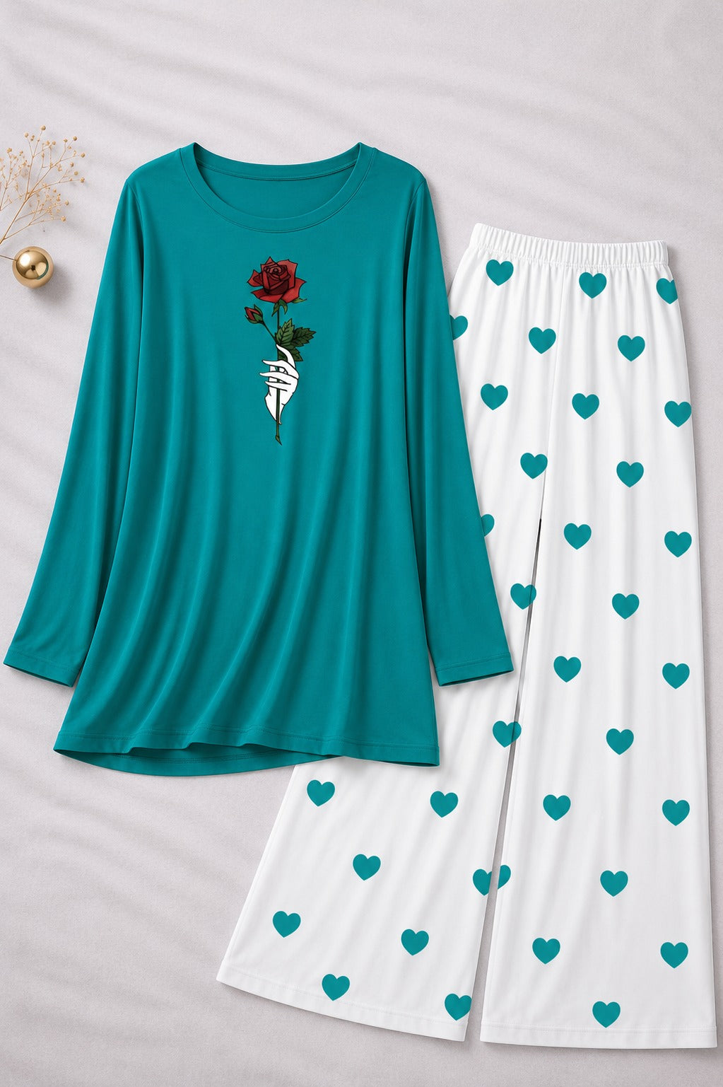 Rose Flower Printed Sea Green Shirt With Heart Printed  Palazzo Night Suit