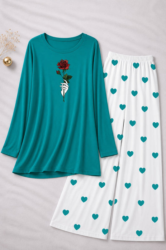 Rose Flower Printed Sea Green Shirt With Heart Printed  Palazzo Night Suit