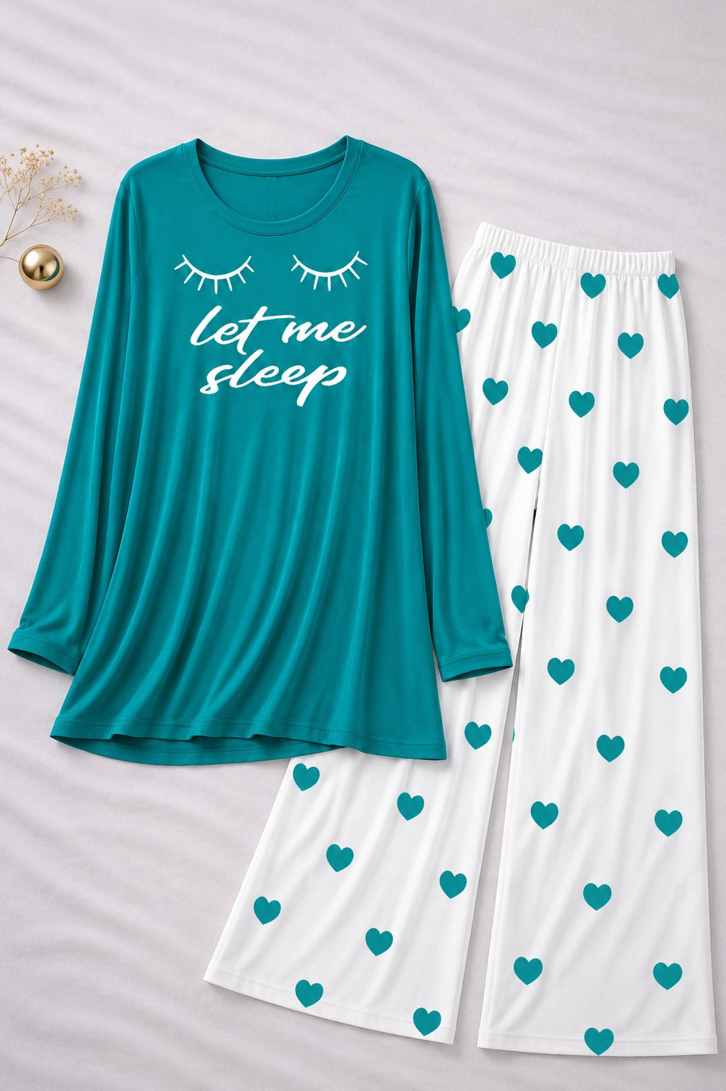 Let Me  Sleep Printed Sea Green Shirt With Heart Printed  Palazzo Night Suit