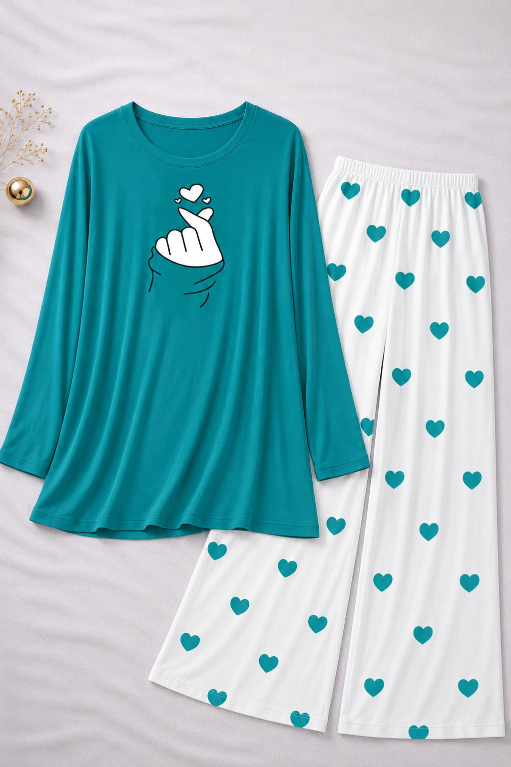 Finger Love Printed Sea Green Shirt With Heart Printed  Palazzo Night Suit