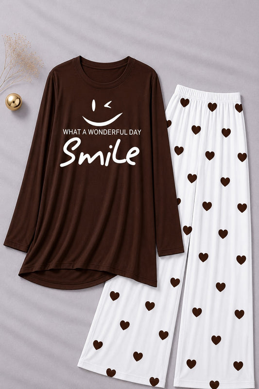 Wonderful day   Printed Brown Shirt  With Heart Printed  Palazzo Night Suit