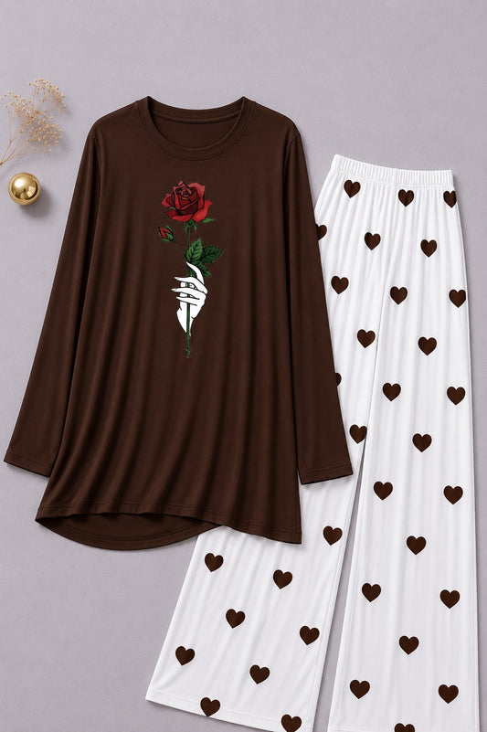 Roses Flower   Printed Brown Shirt  With Heart Printed Palazzo Night Suit