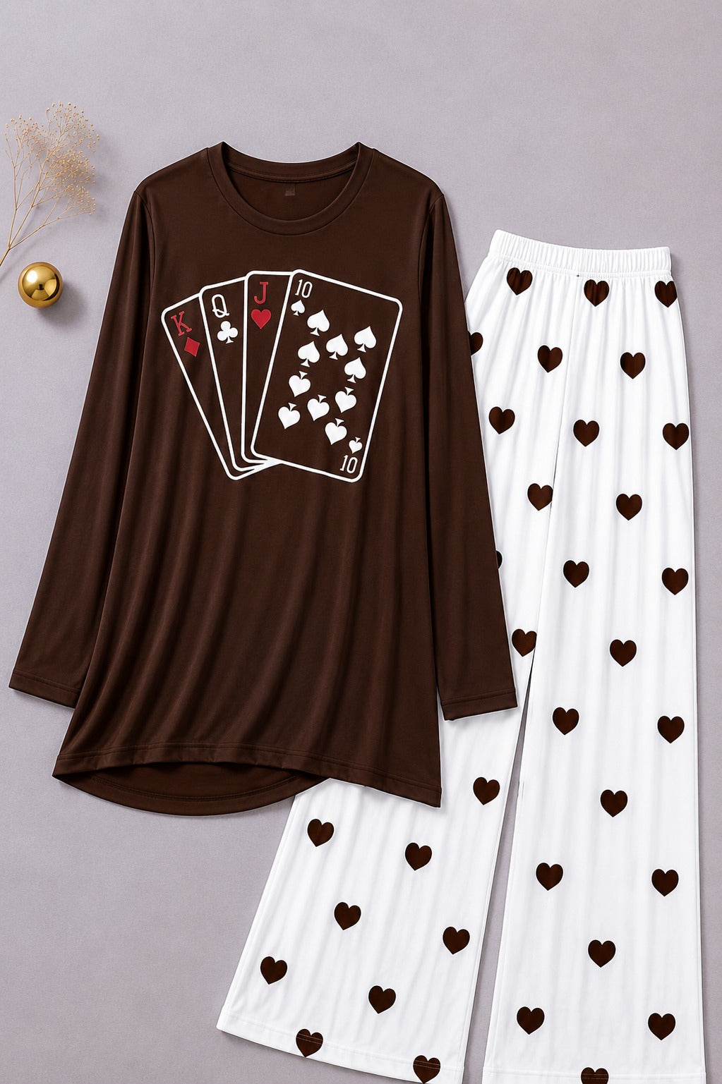Playing Card Printed Brown Shirt  With Heart Printed  Palazzo Night Suit